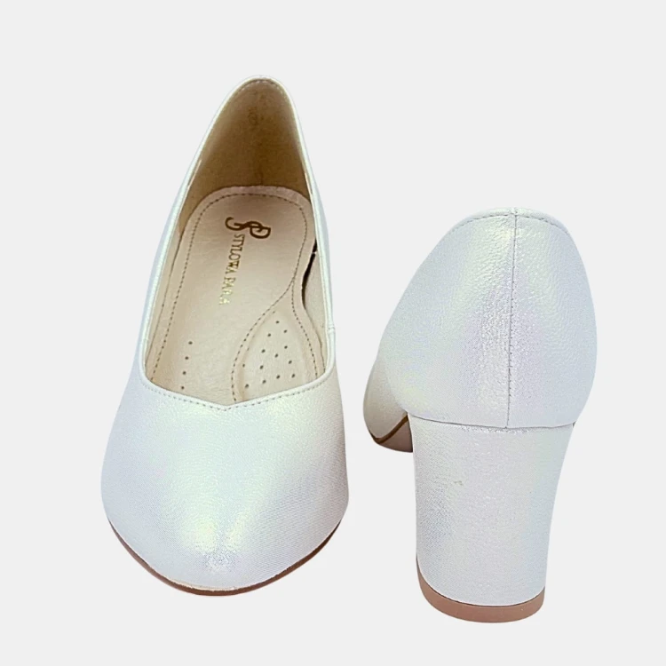 Jasnozłote czółenka ślubne Stylowa Para na klocku 6 cm z migdałowym noskiem