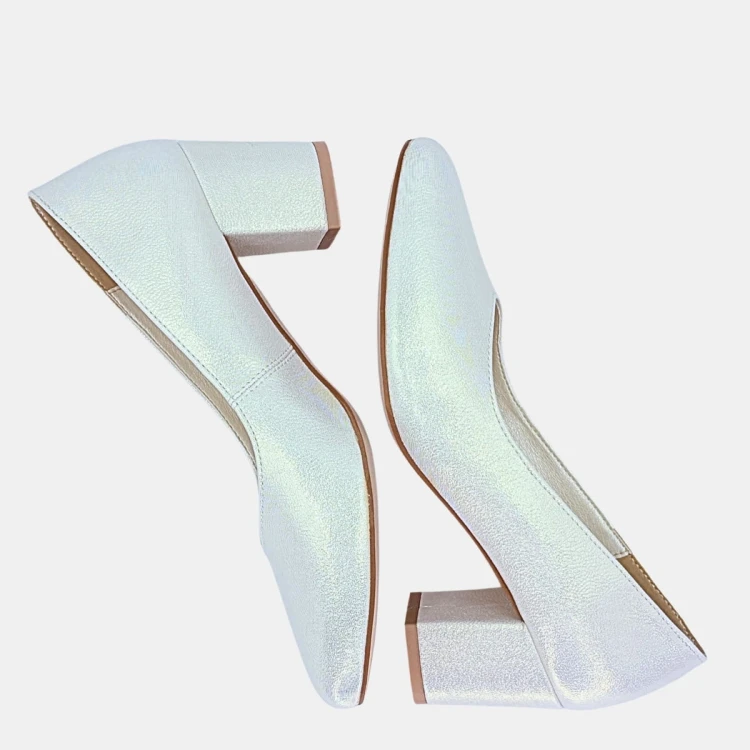 Jasnozłote czółenka ślubne Stylowa Para na klocku 6 cm z migdałowym noskiem