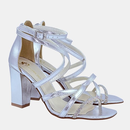 Srebrne sandały damskie z cyrkoniowym paskiem – STYLOWA PARA