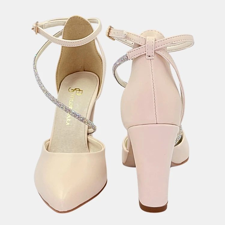 Czółenka Damskie STYLOWA PARA – Jasny Beż, Cyrkoniowy Pasek, Obcas Klocek 9 cm