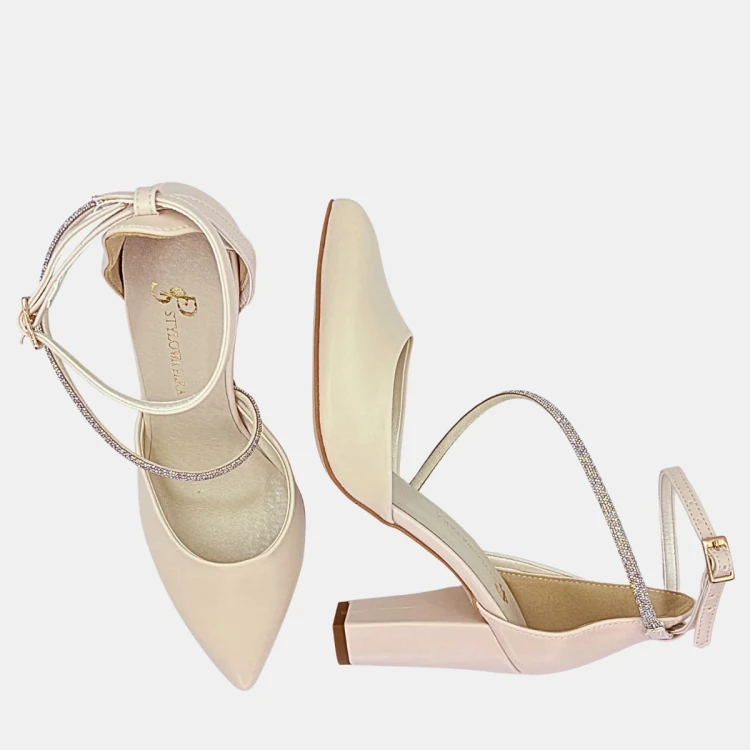Czółenka Damskie STYLOWA PARA – Jasny Beż, Cyrkoniowy Pasek, Obcas Klocek 9 cm