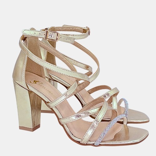 Złote eleganckie sandały damskie z cyrkoniami – STYLOWA PARA