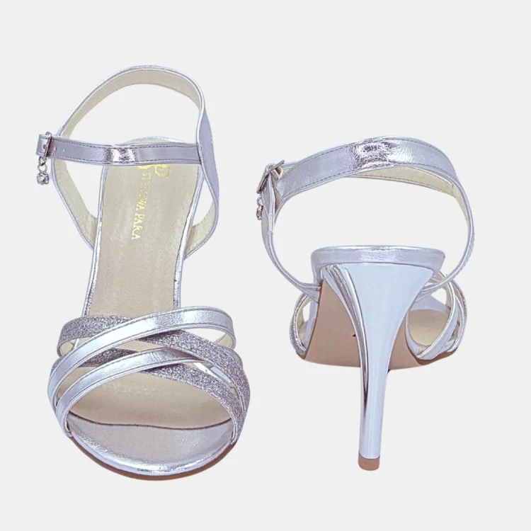 Sandały damskie STYLOWA PARA srebrne z brokatem, szpilka 10 cm
