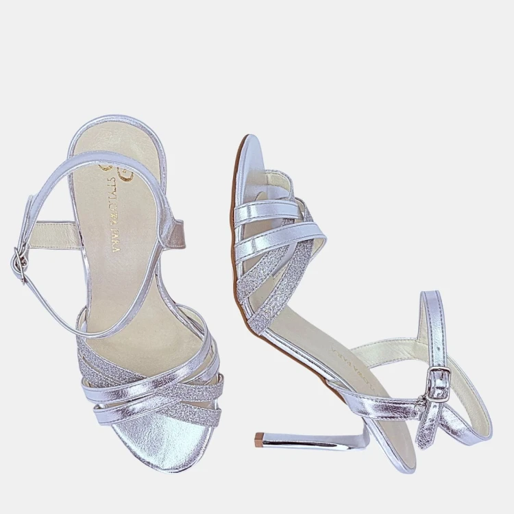 Sandały damskie STYLOWA PARA srebrne z brokatem, szpilka 10 cm
