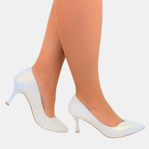 Czółenka Damskie STYLOWA PARA Złote z Perłowym Połyskiem na Szpilce 7,5 cm