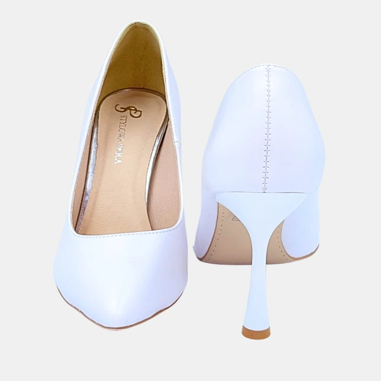 Ślubne szpilki damskie STYLOWA PARA – białe, 9 cm, klasyczne, naturalna wkładka
