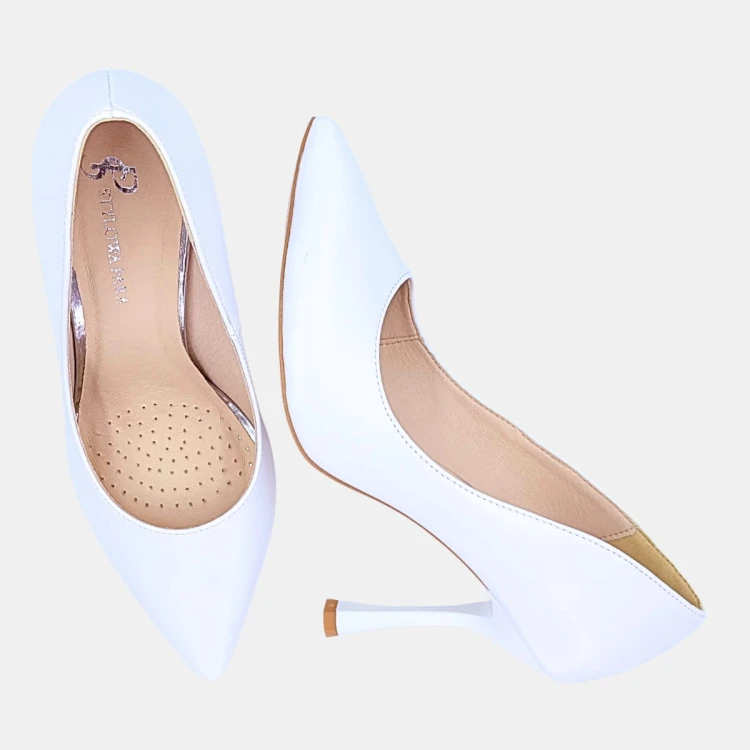 Ślubne szpilki damskie STYLOWA PARA – białe, 9 cm, klasyczne, naturalna wkładka