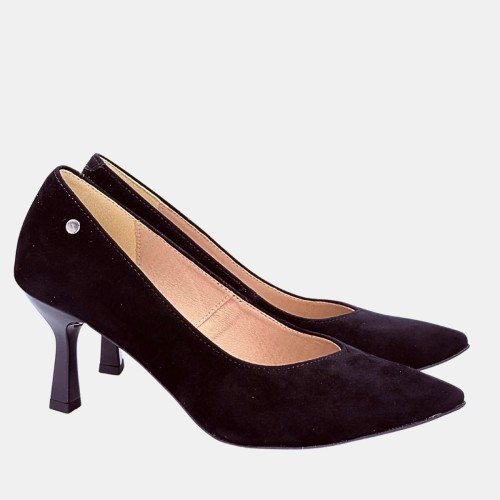 Czarne Zamszowe Szpilki Damskie z Wcięciem w Serek – STYLOWA PARA