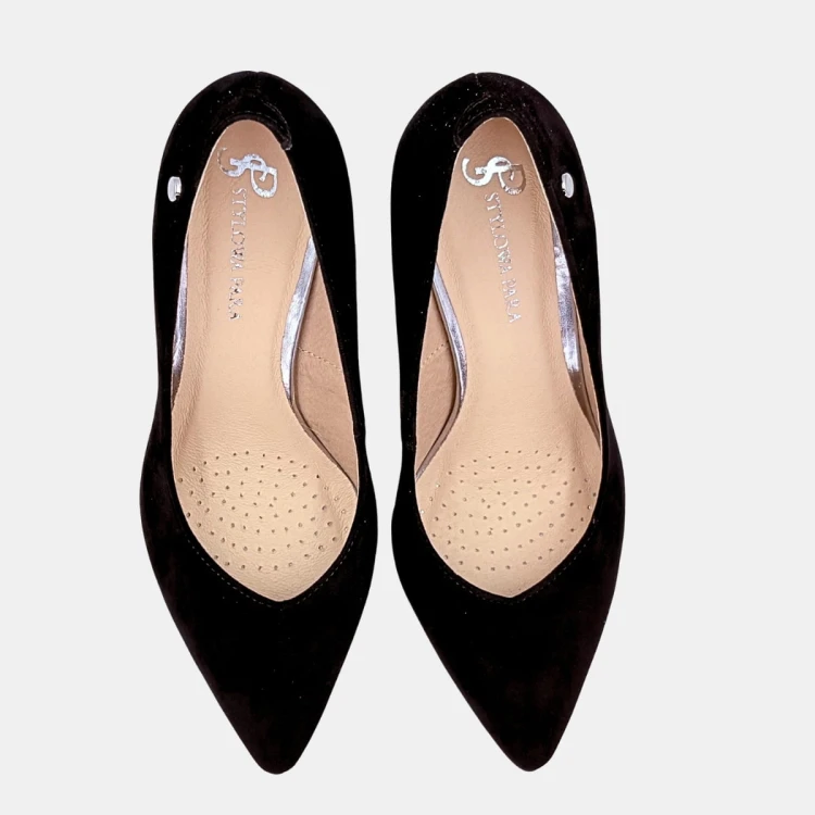 Czarne Zamszowe Szpilki Damskie z Wcięciem w Serek – STYLOWA PARA