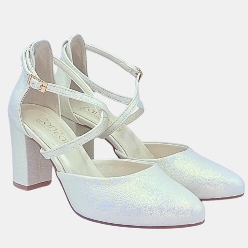 Czółenka damskie ZAN ZARA – złote z połyskiem, paski na krzyż, obcas klocek 7,5 cm