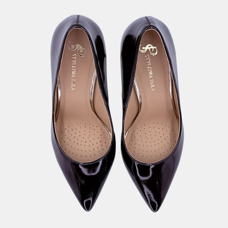 Czarne lakierowane czółenka w szpic ze złotym akcentem – Stylowa Para