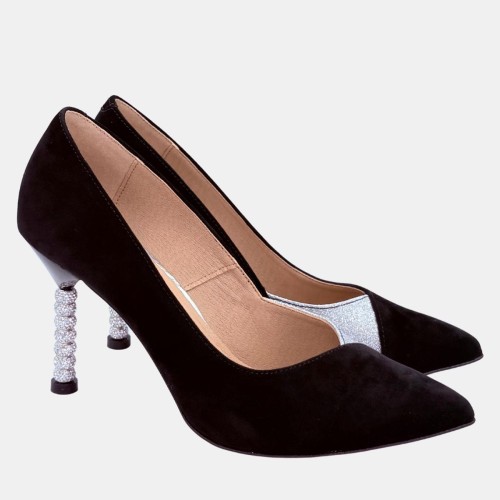 Czółenka damskie czarne zamszowe z brokatową wstawką i biżuteryjnym obcasem – Stylowa Para