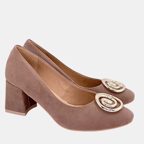 Czółenka damskie taupe z ozdobą i szerokim obcasem – Stylowa Para