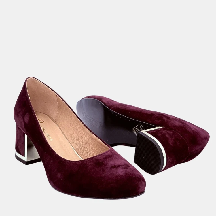 Czółenka damskie Stylowa Para zamszowe ciemnobordowe na ozdobnym obcasie
