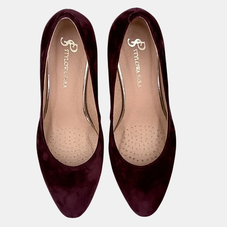 Czółenka damskie Stylowa Para zamszowe ciemnobordowe na ozdobnym obcasie