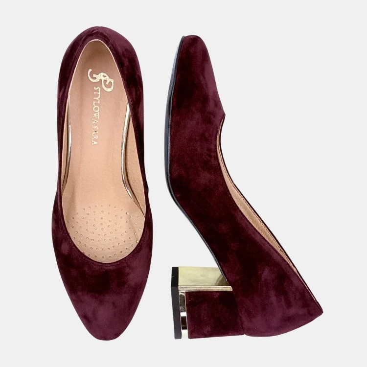 Czółenka damskie Stylowa Para zamszowe ciemnobordowe na ozdobnym obcasie