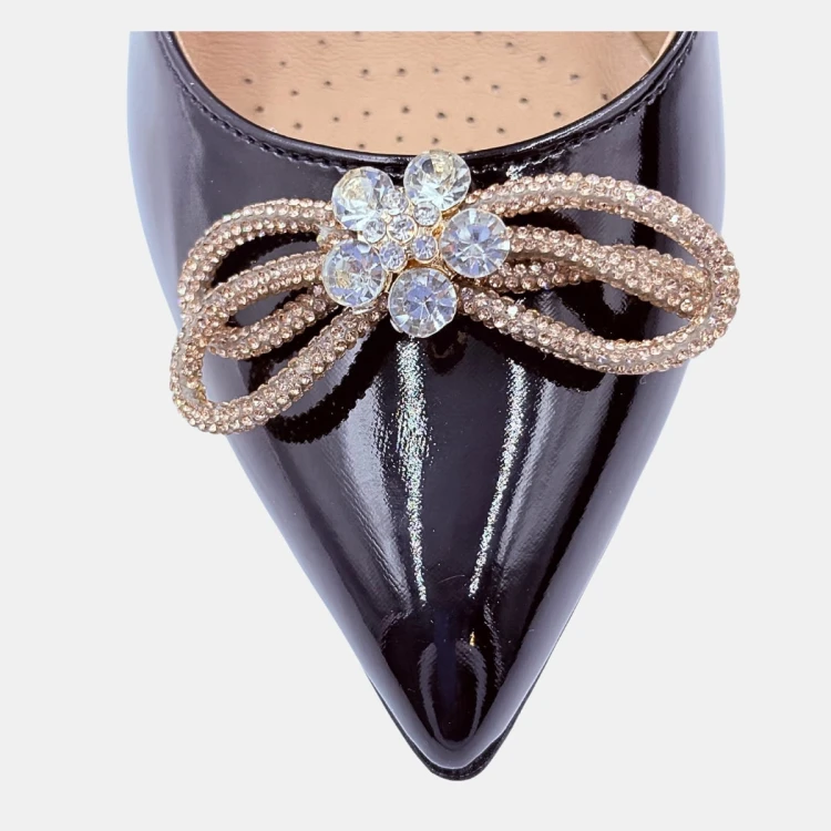Czarne lakierowane czółenka z kokardą i szpilką 9 cm – Stylowa Para