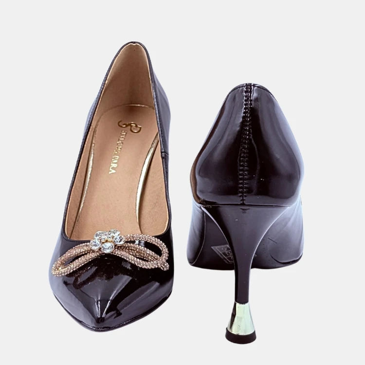 Czarne lakierowane czółenka z kokardą i szpilką 9 cm – Stylowa Para