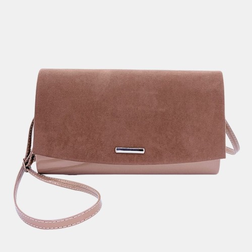 Kopertówka brązowa Stylowa Para – zamsz i lakier, elegancka torebka ślubna i wieczorowa z paskiem