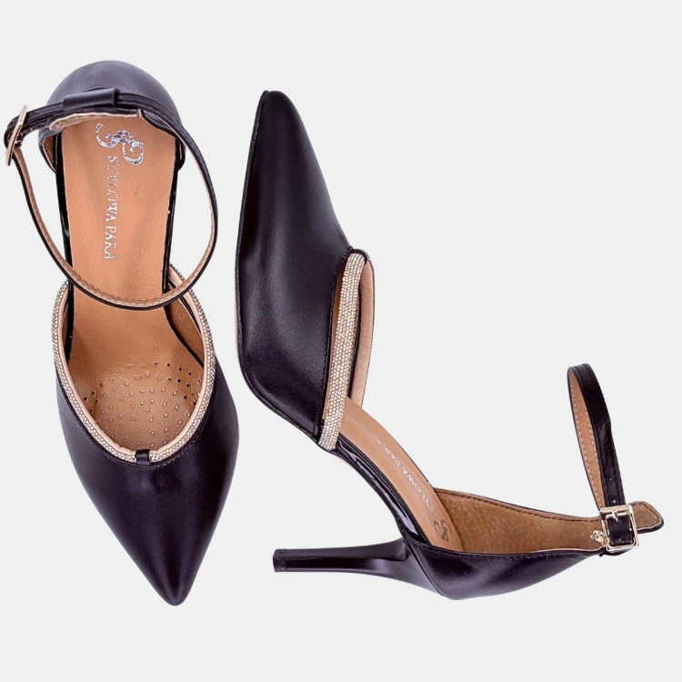 Czarne czółenka Stylowa Para na szpilce 8 cm z ozdobnym paskiem z cyrkoniam