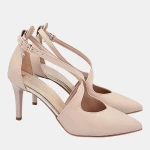 „Beżowe czółenka Stylowa Para na szpilce 8 cm ze skóry naturalnej i zawieszką przy kostce”