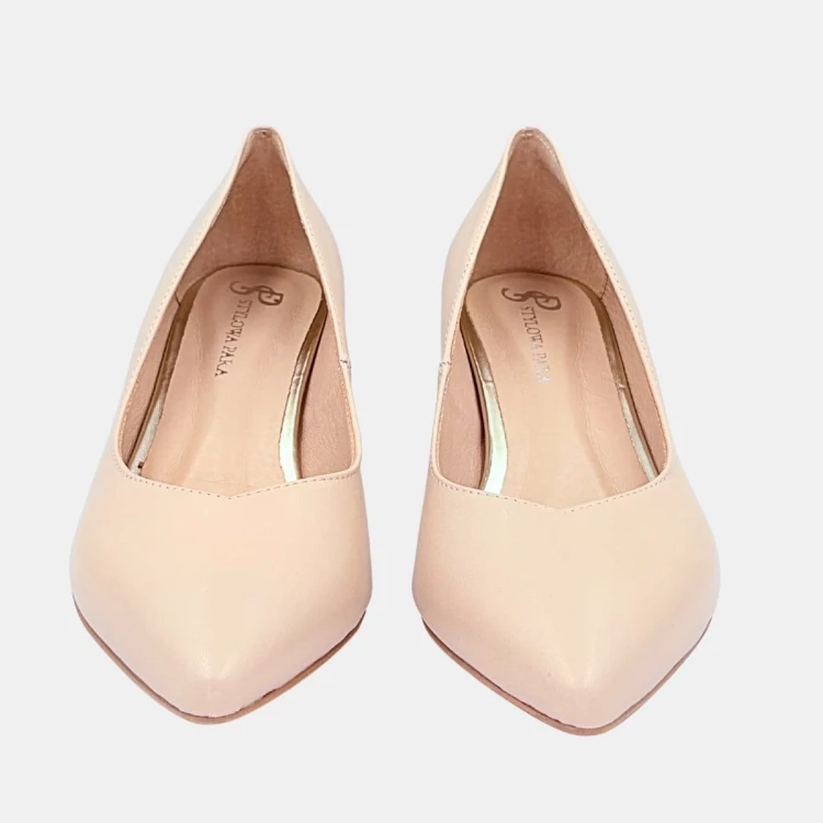 „Czółenka Stylowa Para beżowe ze skóry naturalnej na klocku 4,5 cm”