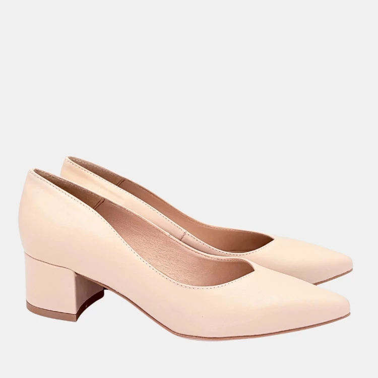 „Czółenka Stylowa Para beżowe ze skóry naturalnej na klocku 4,5 cm”