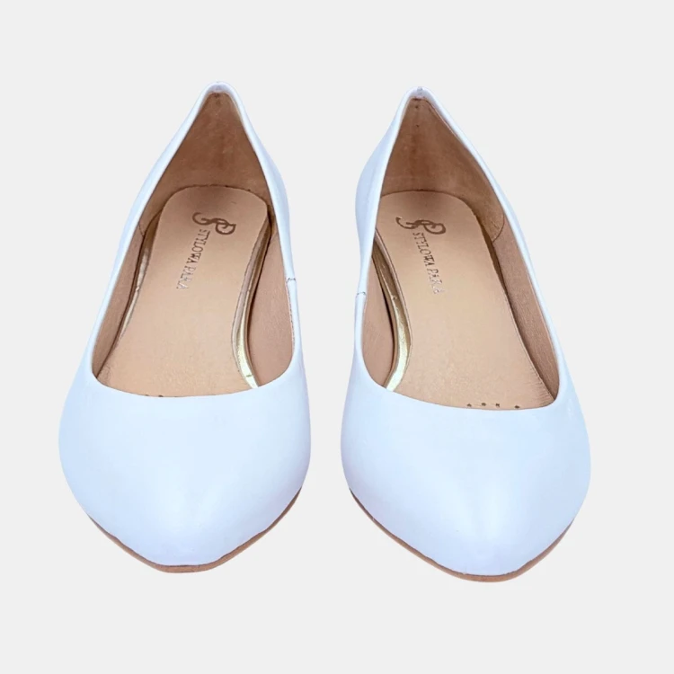 „Czółenka Stylowa Para Biała Perła ze skóry naturalnej na klocku 4 cm”