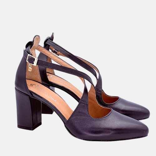 „Czarne czółenka Stylowa Para ze skóry naturalnej na słupku 7,5 cm z paskami i cyrkonią”