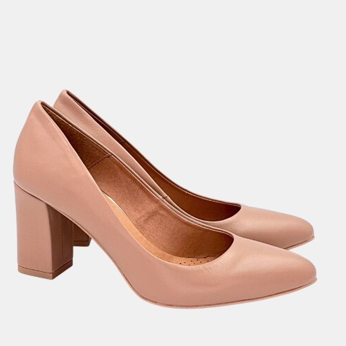 Czółenka Stylowa Para ze skóry naturalnej w kolorze toffi na słupku 7,5 cm