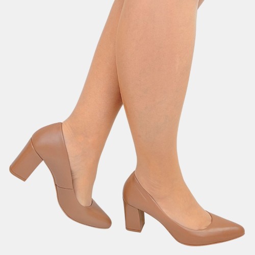 Czółenka Stylowa Para ze skóry naturalnej w kolorze toffi na słupku 7,5 cm