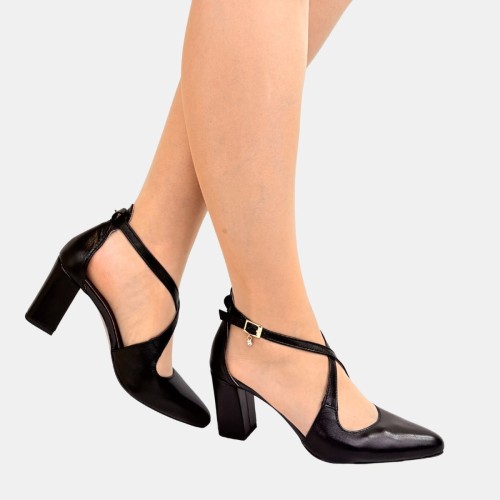 Czarne czółenka Stylowa Para ze skóry naturalnej na słupku 7,5 cm z paskami i cyrkonią