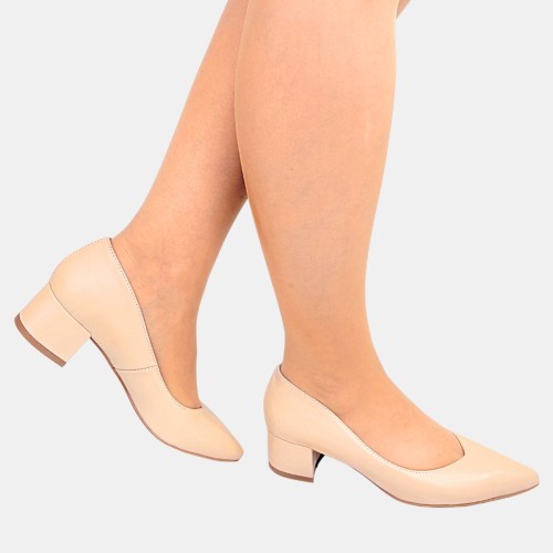 „Czółenka Stylowa Para beżowe ze skóry naturalnej na klocku 4,5 cm”