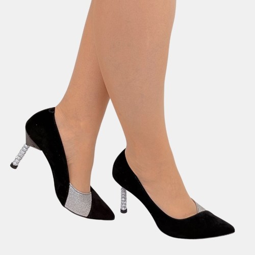 Czółenka damskie czarne zamszowe z brokatową wstawką i biżuteryjnym obcasem – Stylowa Para