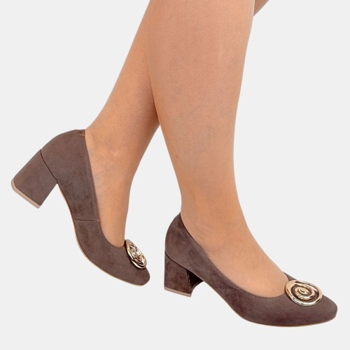 Czółenka damskie taupe z ozdobą i szerokim obcasem – Stylowa Para