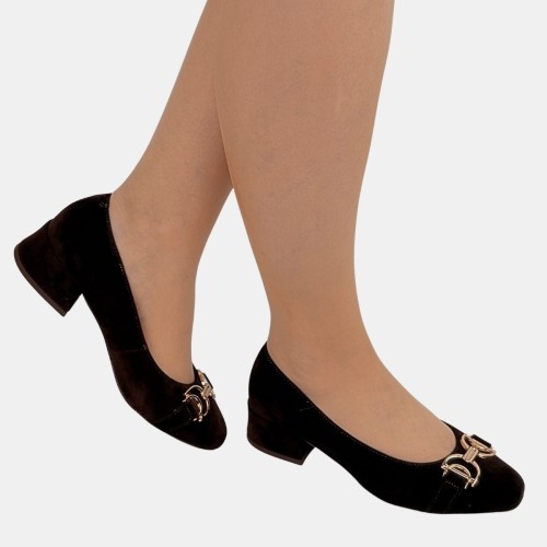 Czółenka damskie Stylowa Para brązowe zamszowe z ozdobą na niskim obcasie