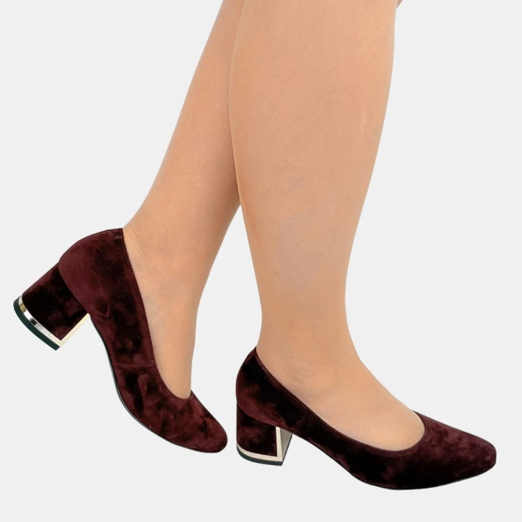 Czółenka damskie Stylowa Para zamszowe ciemnobordowe na ozdobnym obcasie