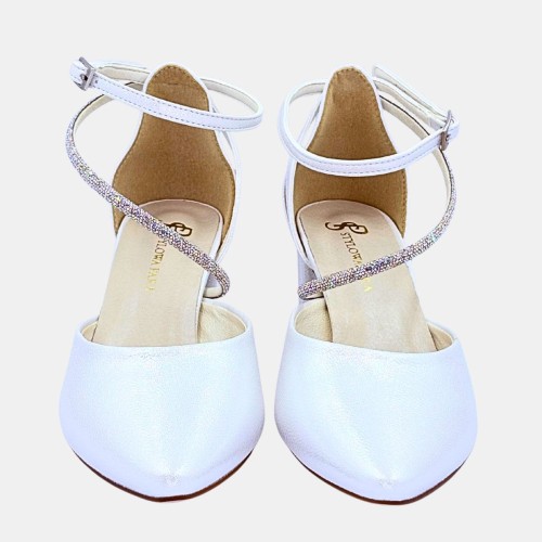 Srebrne czółenka ślubne Stylowa Para z cyrkoniowym paskiem na słupku 6 cm