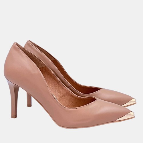 Czółenka damskie toffi skórzane na szpilce 8 cm ze złotą końcówką Stylowa Para