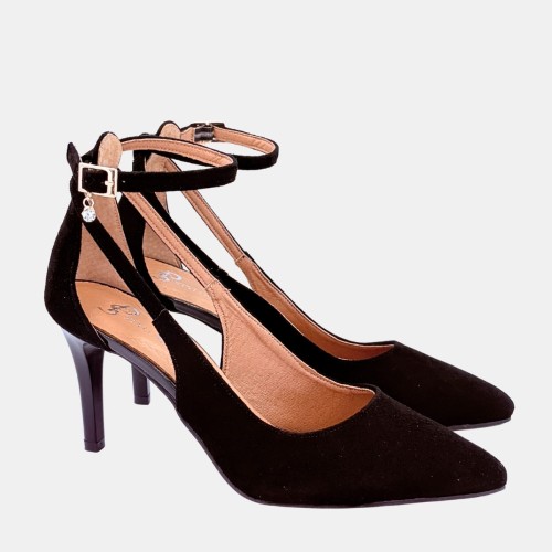 Czółenka damskie czarne zamszowe na szpilce 8 cm z cyrkonią przy klamerce Stylowa Para