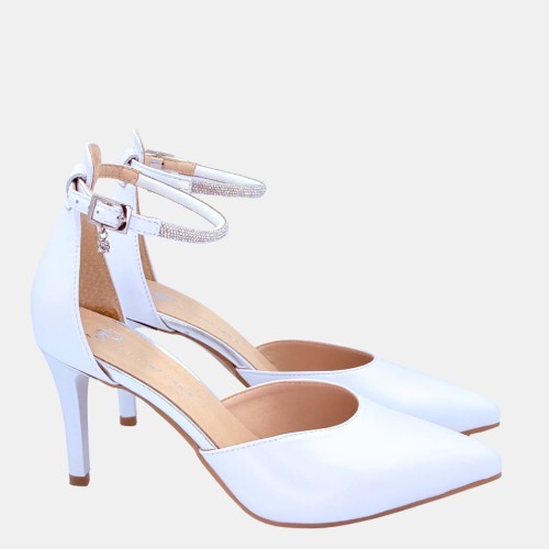 Czółenka ślubne białe skórzane na szpilce 8 cm z cyrkoniowym paskiem Stylowa Para