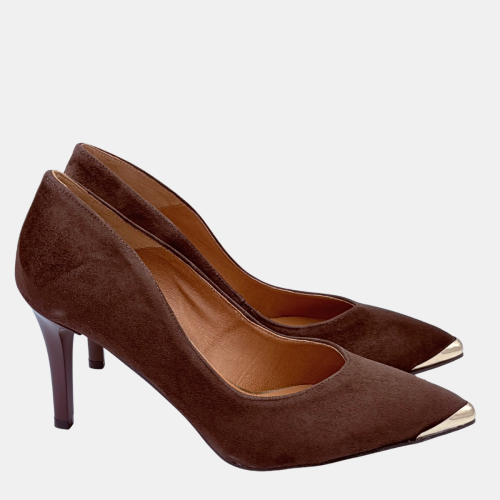 Czółenka damskie brązowe zamszowe na szpilce 8 cm ze złotą końcówką Stylowa Para
