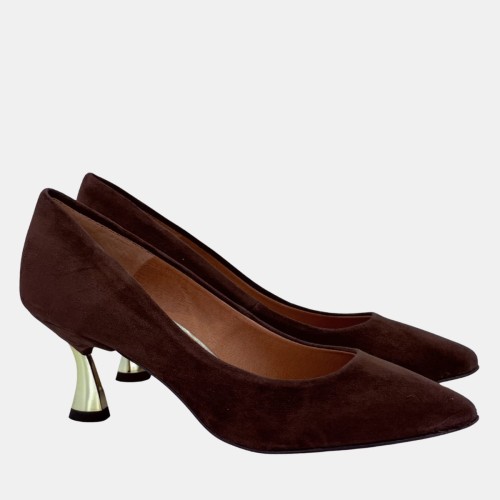 Czółenka damskie brązowe zamszowe na złotym obcasie 6,5 cm Stylowa Para