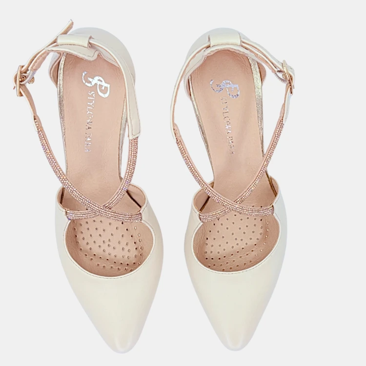 Czółenka ślubne biała perła ze skóry naturalnej na słupku 7,5 cm z cyrkoniowymi paskami – Stylowa Para