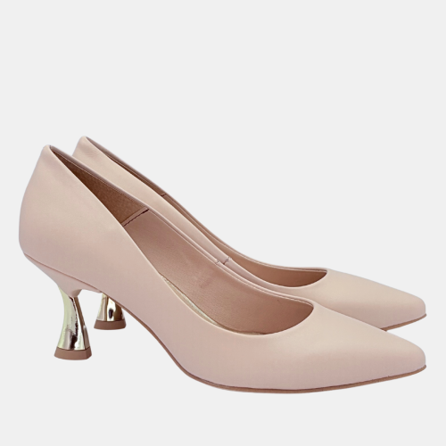 Beżowe czółenka ze skóry naturalnej ze złotym obcasem – Stylowa Para