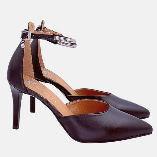 Czarne czółenka ze skóry naturalnej z cyrkoniowym paskiem – Stylowa Para