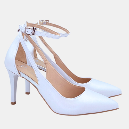 Białe czółenka ślubne ze skóry naturalnej na szpilce 8 cm z subtelną cyrkonią – Stylowa Para