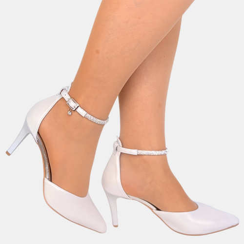 Czółenka ślubne białe skórzane na szpilce 8 cm z cyrkoniowym paskiem Stylowa Para