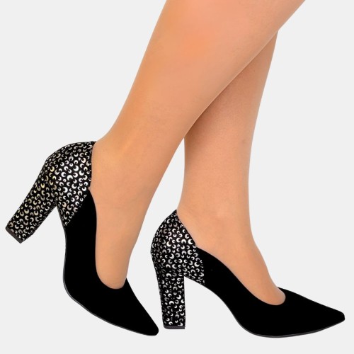 Czarne czółenka na słupku 9 cm ze złotym wzorem – ZAN ZARA