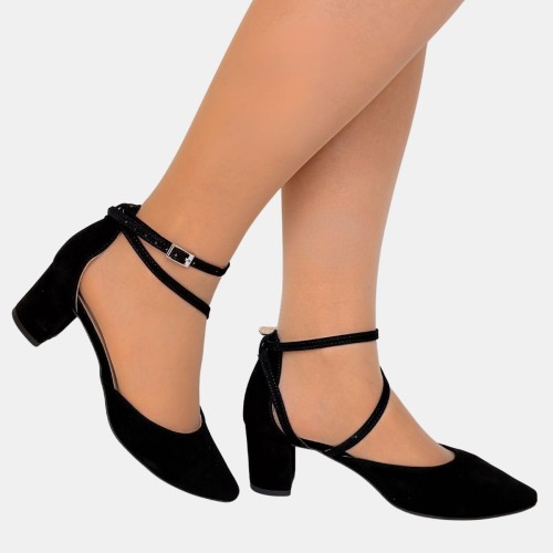 Czółenka czarne zamszowe ZAN ZARA na średnim słupku 6 cm z paskiem